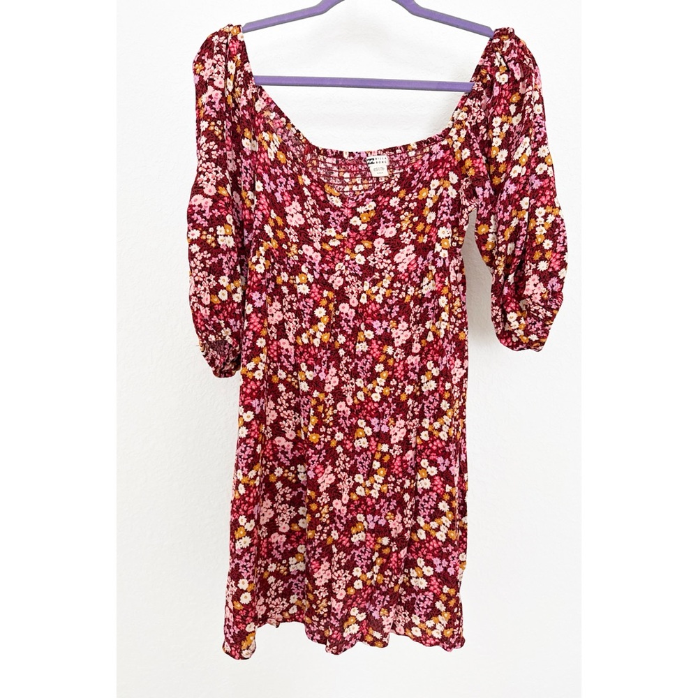 Floral Puff Sleeve Mini Dress - Pink & Burgundy